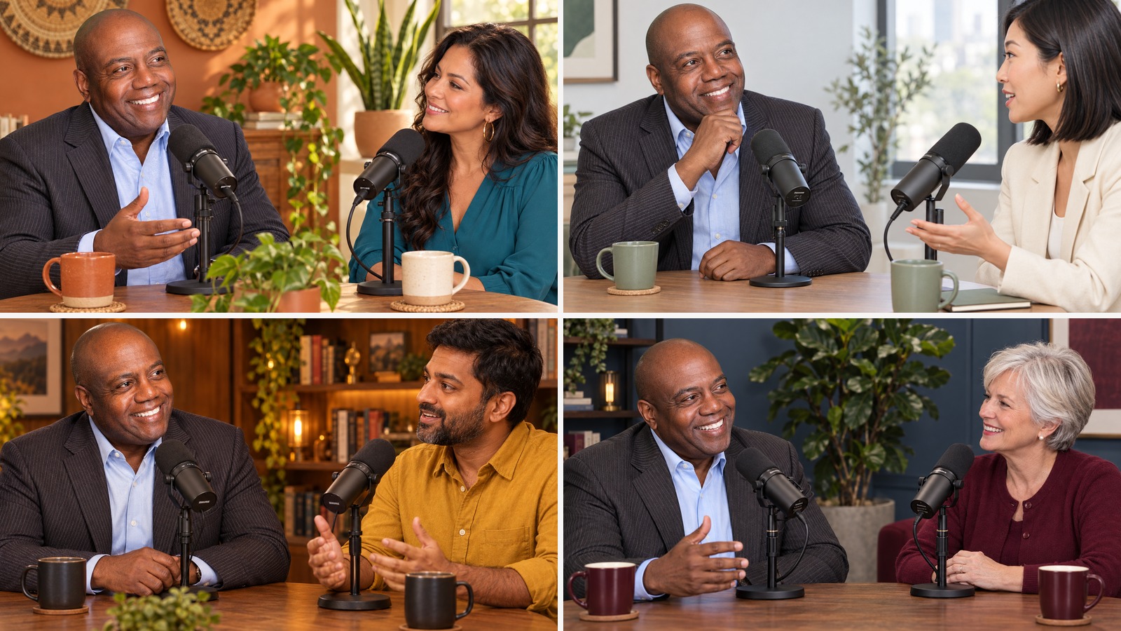 Collage of Will Huff interviewing a diverse group of guests across four So You Thought By Now episodes