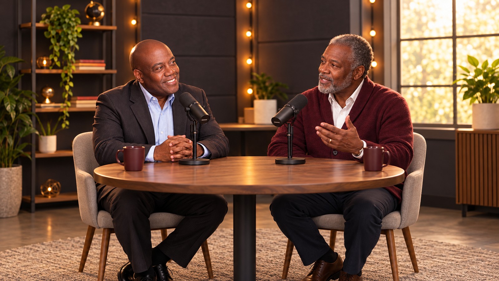 Will Huff interviewing a guest in a modern podcast studio